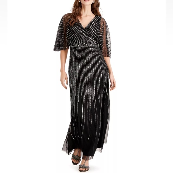 ADRIANNA PAPELL Womens Black Short Sleeve Full-Length Empire Waist Dress Reemoly - Picture 1 of 3